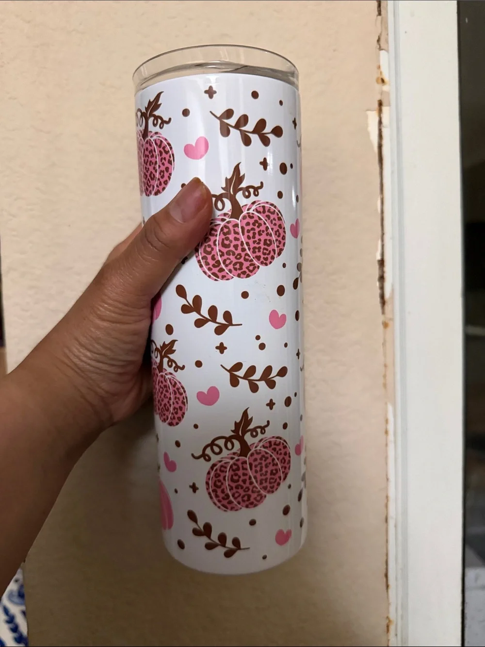 Pink Leopard Pumpkin Skinny Tumbler - White Background